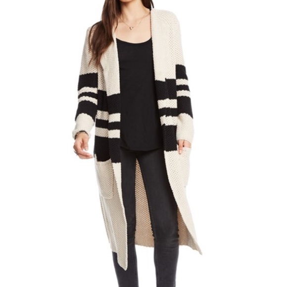 Chaser Sweaters - Chaser Long cream and black striped duster open front cardigan